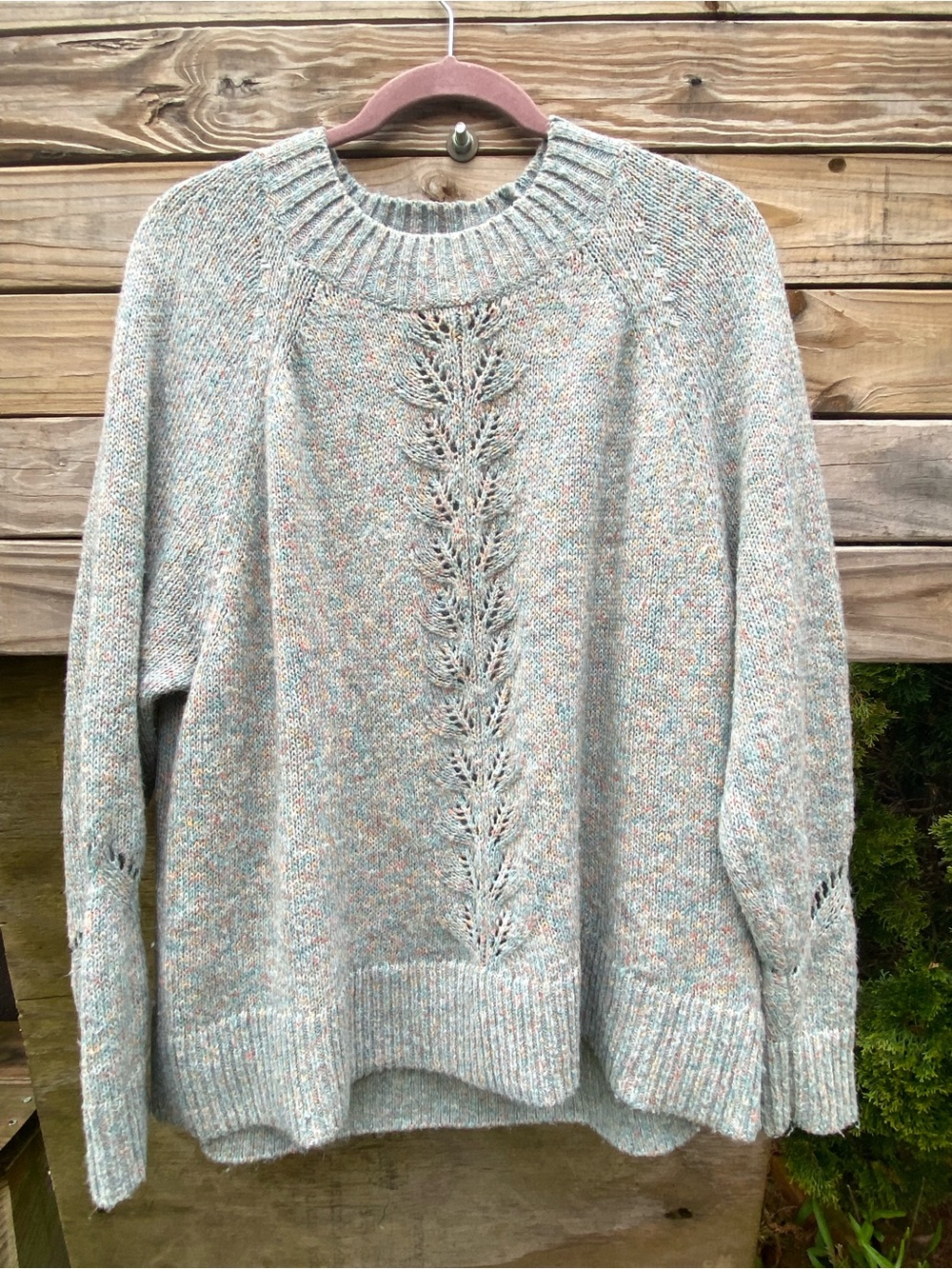 Loft Cozy Cream Speckled Knit Sweater with Lace-Front Detail